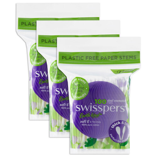 3PK 100pc Swisspers Cosmetic Cotton Tips w/ Paper Stems