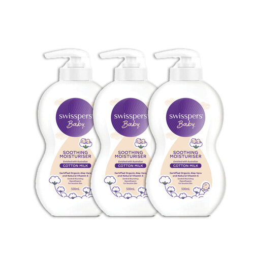3PK Swisspers Baby Cotton Milk Soothing Moisturiser 500ml