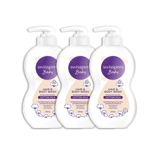 3PK Swisspers Baby Cotton Milk Gentle Hair & Body Wash 500ml