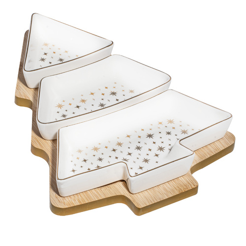 Ladelle Starry Christmas Tree Porcelain Bowl & Bamboo Tray Serving Set