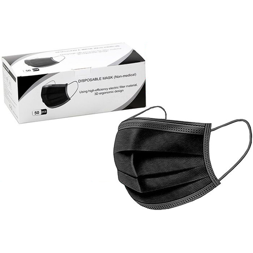50pc Elastic Disposable Face Mask 3 Ply w/Elastic Ear Band Black