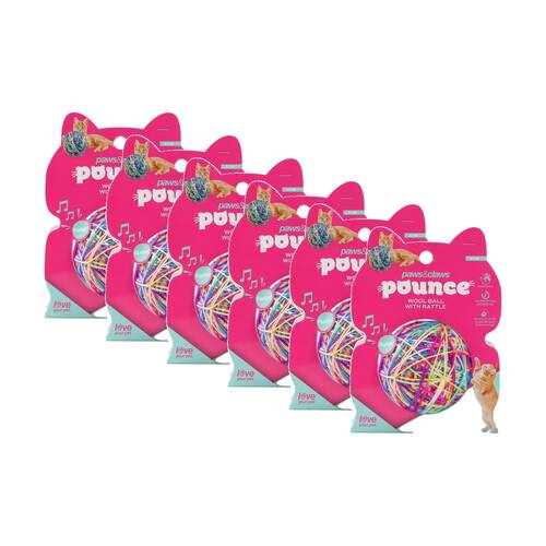 6PK Paws and Claws Pounce Cat Wool Ball with Rattle 9cm Safe for Cats