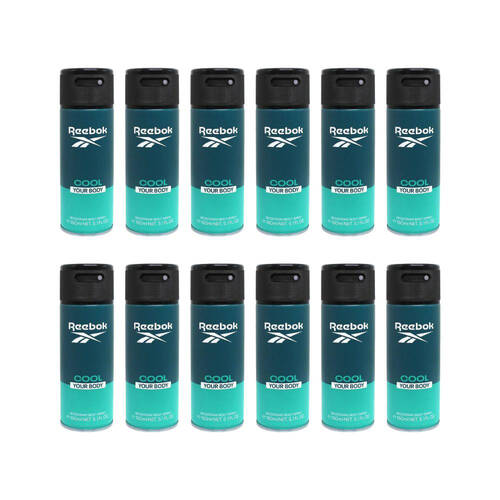 12PK Reebok Men' Grooming Vegan Sporty Deodorant Body Spray 150ml Cool Your