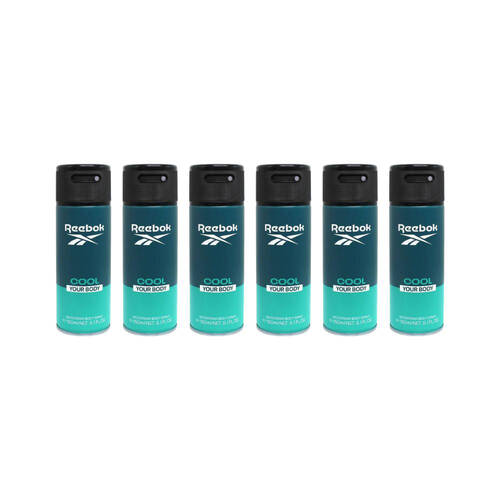 6PK Reebok Men' Grooming Vegan Sporty Deodorant Body Spray 150ml Cool Your