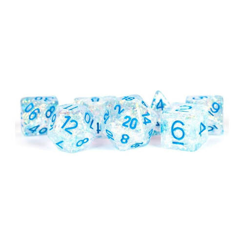 7pc Fanroll by Metallic Resin/Polyhedral Flash RPG Dice Set 16mm - Clear w/ Light Blue Numbers