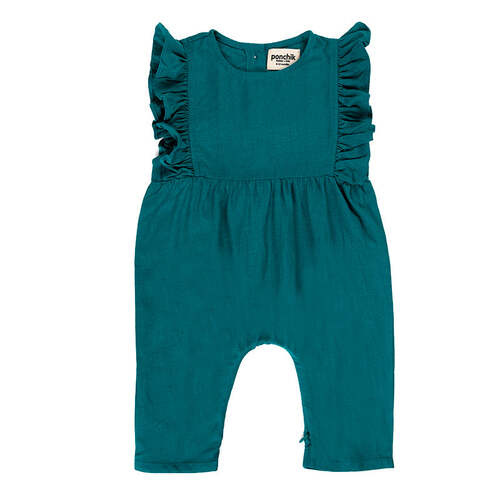 Ponchik Linen Ruffle Overalls Peacock Size 12-18m
