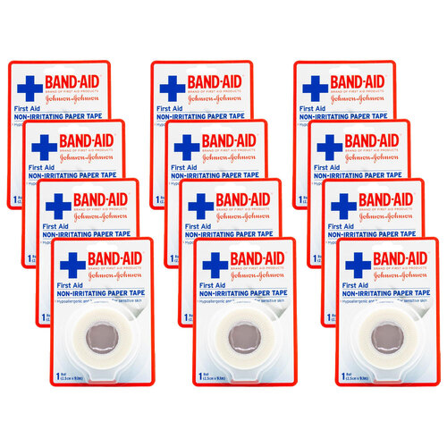 12PK Band-Aid First Aid Non Irritating Medical Paper Tape Roll 2cmx9m - White