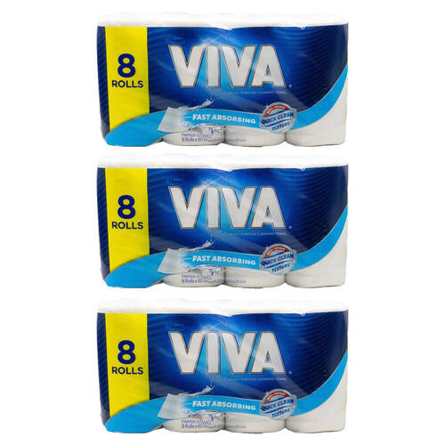 3x 8pc Kleenex Viva Paper Cleaning Towel 60 Sheet 22.5x21cm Multi-Purpose 