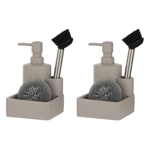 2x 3pc Ladelle Essentials Kitchen Cleaning Set Pump/Brush/Scourer Stone