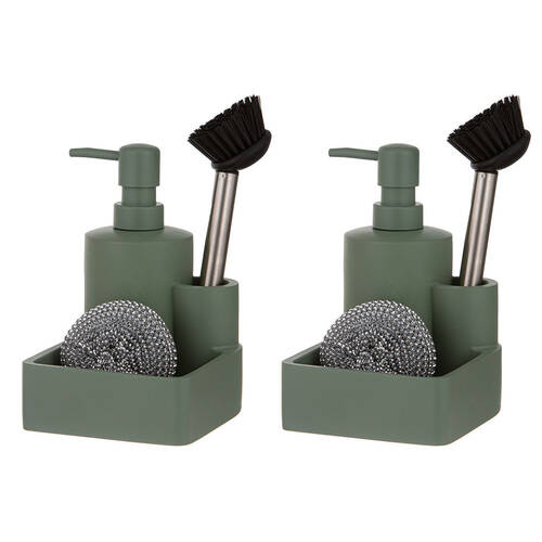 2x 3pc Ladelle Essentials Kitchen Cleaning Set Pump/Brush/Scourer Sage