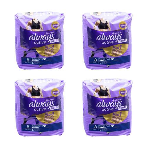 4x 8pc Always Discreet Active Sanitary Menstural Pants Super Plus 95-125cm