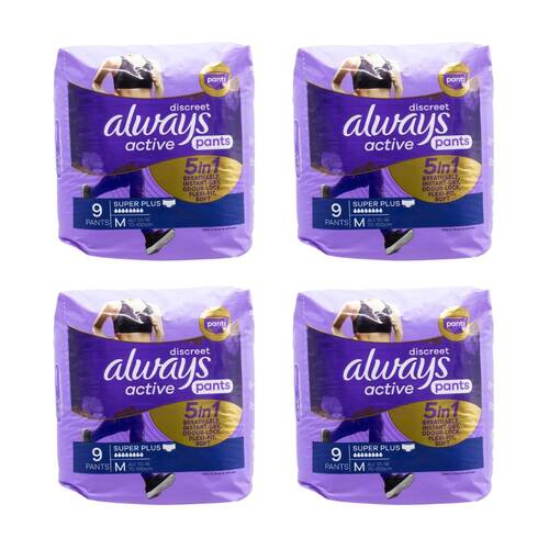 4x 9pc Always Pants Discreet Active Sanitary Menstural Super Plus 70-100cm