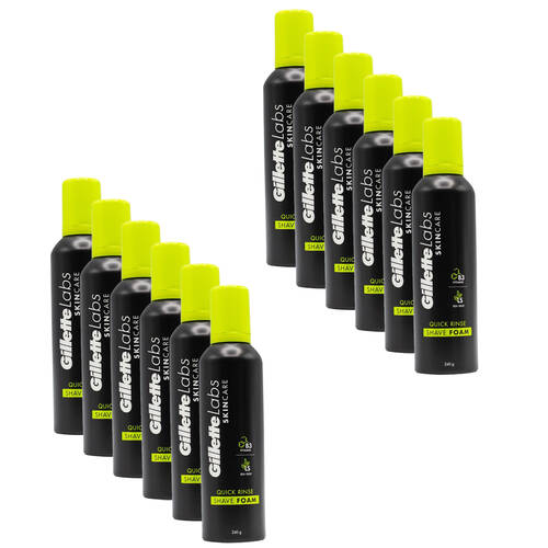 12PK Gillette Labs Skin Care Quick Rinse Mens Shave Foam 240G - Black