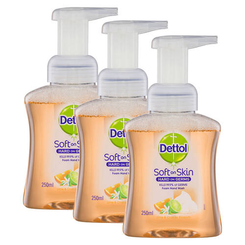 3PK Dettol 250ml Liquid Soft on Skin Foam Hand Wash Pump - Lime & Orange Blossom