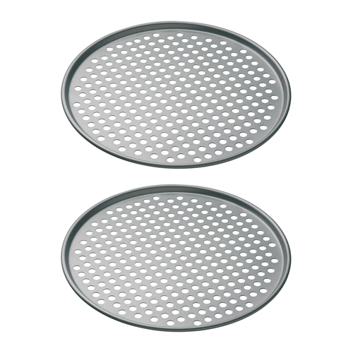 2x Mastercraft 32cm Heavy Base Non-Stick Round Pizza Crisper Tray - Black