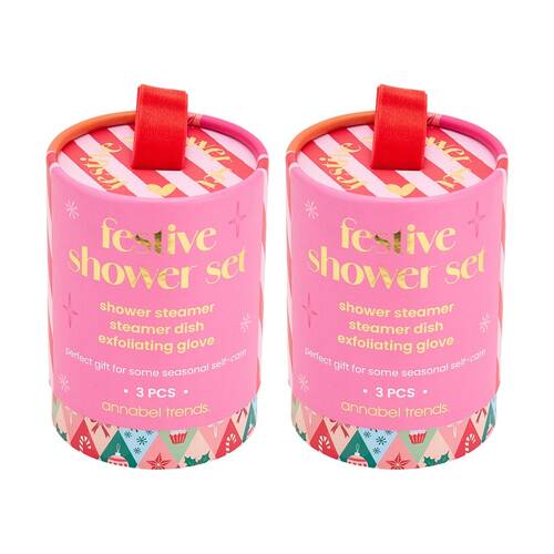 2x 3pc Annabel Trends Shower Bath Gift Set W/ Steamer/Gloves & Dish Festive