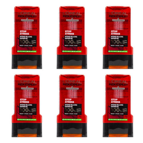 6PK Loreal 300ml Men Expert Stop Stress Relaxing Body Face Hair Shower Gel