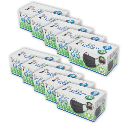 10PK NANO 50pc 3-Ply Disposable Protective Face Masks PPE Black