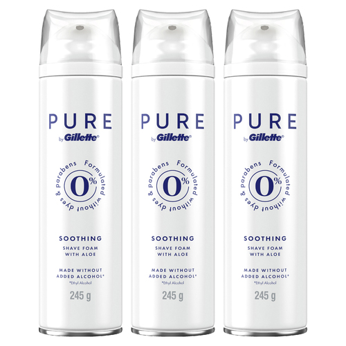 3PK Gillette Pure Soothing Shave/Shaving Foam With Aloe 245g