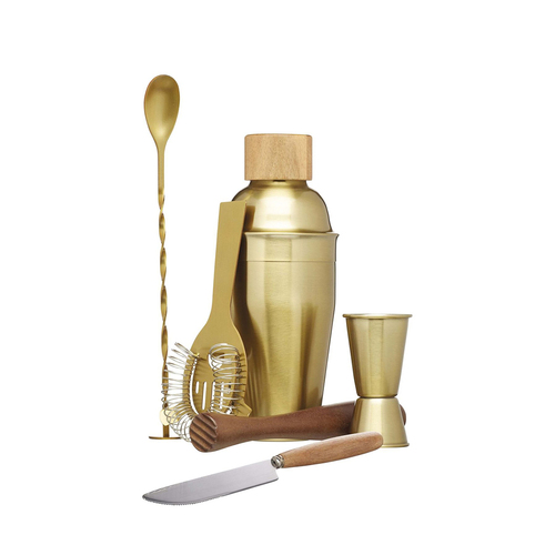 6pc BarCraft Cocktail Shaker/Jigger/Muddler/Bar Knife Set Gold