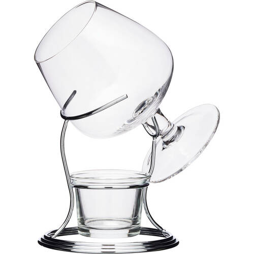 BarCraft Brandy & Cognac Chrome/Glass 350ml Cup & Warmer Stand Set - Clear
