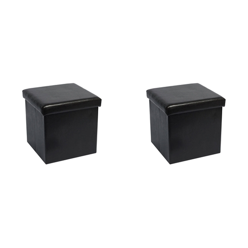 2PK Vistara Folding Storage Ottomon Faux Leather Finish Black 38x38x37cm