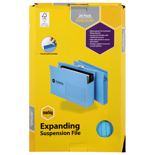 20pc Marbig Expanding Foolscap Suspension File w/ Tabs/Inserts - Blue