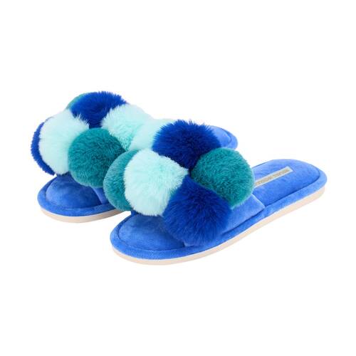 Annabel Trends Pom Pom Cosy Luxe Thongs Women's Slippers Shoes S/M Multi Blue