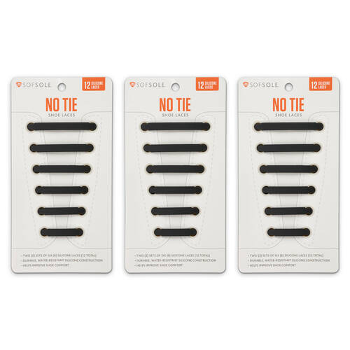 3PK SofSole Silicone No Tie Shoe Laces For 6 Eyelets - Black
