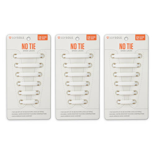 3PK SofSole Silicone No Tie Shoe Laces For 6 Eyelets - White