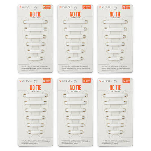 6PK SofSole Silicone No Tie Shoe Laces For 6 Eyelets - White