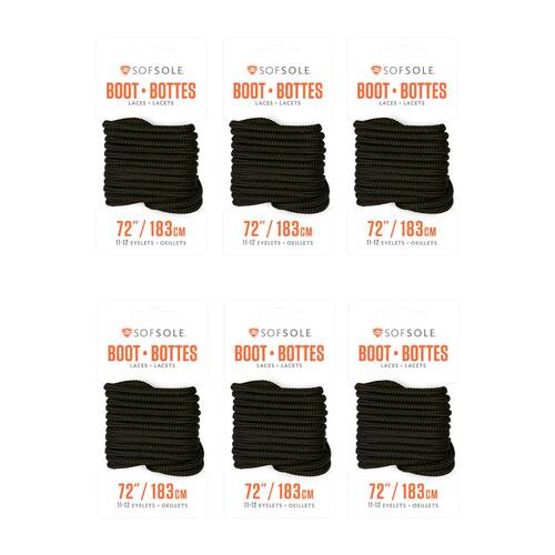 6PK SofSole Boot Shoe 72" Laces 11-12 Eyelets - Black