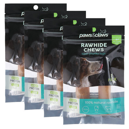 8PK Paws & Claws Beef Rawhide Chunky Logs 100g 12cm