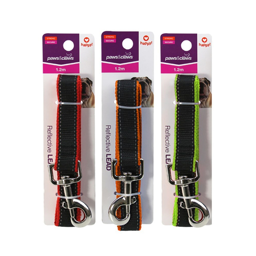 3PK Paws & Claws Premium Reflective Edging 1.2m Lead - Assorted