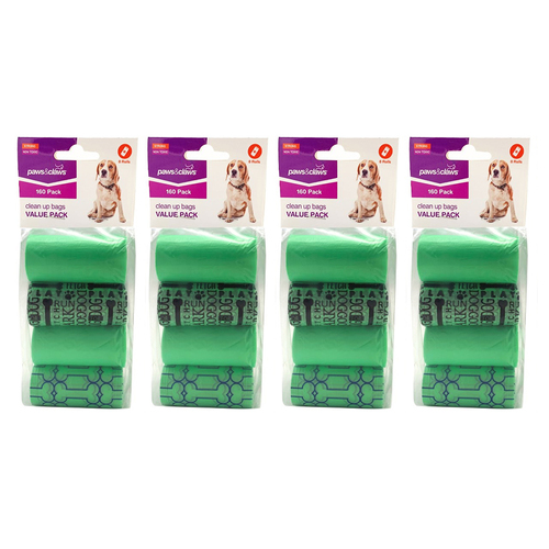 4PK Paws And Claws Clean Up Bags Value Pack 8 Rolls / 160 Bags Assorted