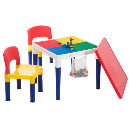 Delsun Kids Table & 2 Chairs Plastic Set w/ 100pc Building Block