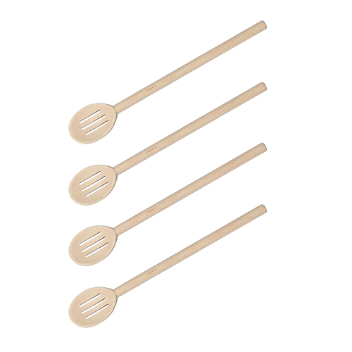 4x Euroline 30cm Wooden Slotted Spoon Cooking Utensil - Beige