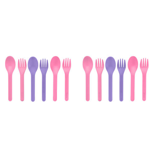 2x 6pc Omie Space-Saving Spoon & Fork Utensil Set Kids Cutlery Kit Pink/Purple