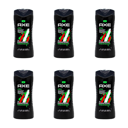 6PK Axe Africa 3-in-1 Body Face Hair Wash 400ml For Men Mandarin & Sandalwood