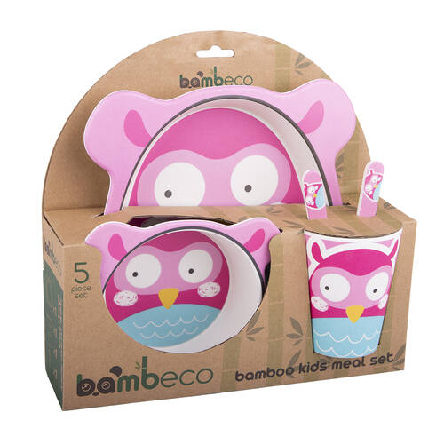 5pc Bambeco Organic Bamboo Childrens Animal-Printed Meal Dining Set Owl