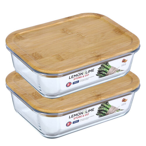 2PK Lemon & Lime Yorkshire Glass Container Rect Bamboo Lid 950ml