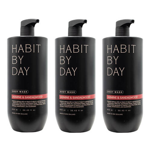 3PK Habit By Day 900ml Body Wash Pump Bottle Jasmine & Sandalwood Hydrating Care
