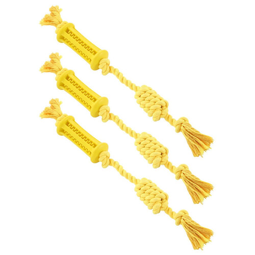 3PK Paws & Claws Flavour-Bone Rope Tugger Beef Flavoured Rubber Toy 36X5cm Yellow