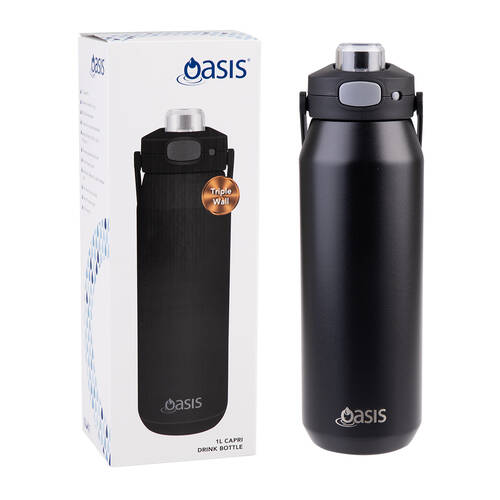 Oasis Ceramic Stainless Steel Insulated Capri Drink Bottle w/ Lid 1L Black