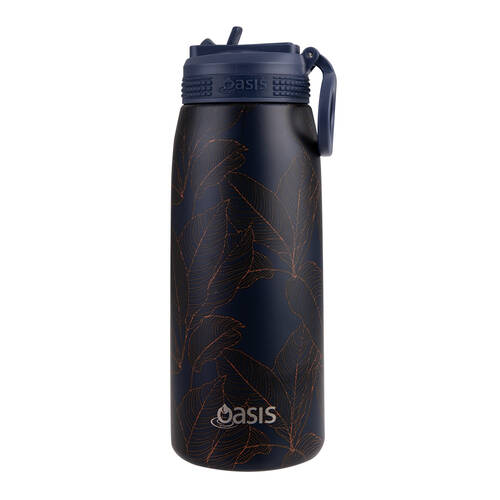 Oasis Stainless Steel Insulated Sports Bottle w/ Sipper 780ml Navy Leaves
