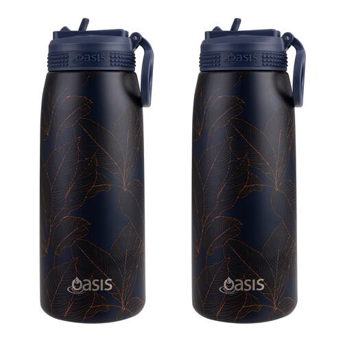2PK Oasis Stainless Steel Insulated Sports Bottle w/ Sipper 780ml Navy Leaves