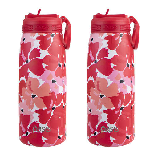 2PK Oasis Stainless Steel Insulated Sports Bottle w/ Sipper 780ml Red Poppies
