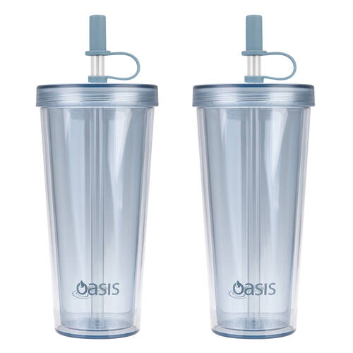 2PK Oasis Reusable Tall Smoothie Tumbler w/ Straw Double Walled 520ml Blueberry