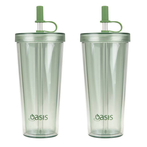 2PK Oasis Reusable Tall Smoothie Tumbler w/ Straw Double Walled 520ml Green Apple