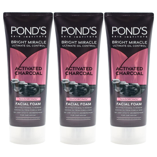 3PK Ponds Bright Miracle Activated Charcoal Facial Foam 90g